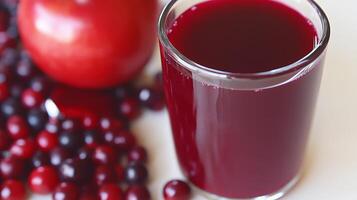 A vibrant glass of cranberry-apple juice sits by fresh apples and cranberries photo