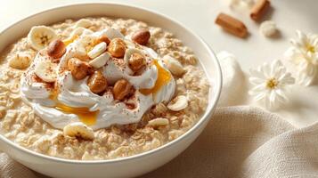 Savor the delightful blend of creamy oatmeal, nuts, and fruit during a peaceful breakfast moment photo