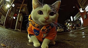 A playful cat dressed in orange investigates a bustling nighttime street filled with lights photo