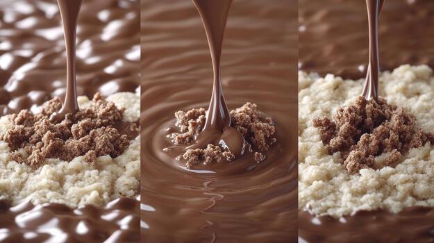 Rich chocolate flows over crispy cereal, creating a delightful dessert experience full of texture photo