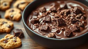 Melted chocolate in a bowl, surrounded by tempting cookies for dipping photo