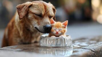 A dog lovingly rests next to a kitten enjoying a cozy nap in a water bowl outdoors photo