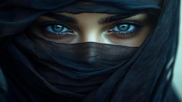 Mystic eyes peering through intricate fabric, reflecting depth and emotion under soft light photo