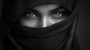 Eyes shine through a dark veil, embodying allure and mystique in a powerful, striking expression photo