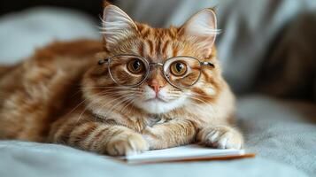 A charming ginger cat in glasses curiously eyes a small book nearby, enjoying a cozy moment photo