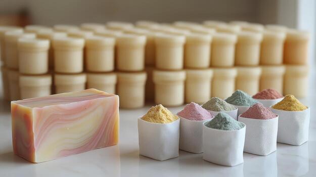 Crafting enthusiasts display a blend of artisan soap and colorful powders in a sunny workshop photo