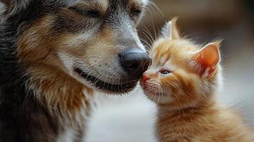 A playful kitten cuddles with a gentle dog, showcasing their loving bond in a sunny garden photo
