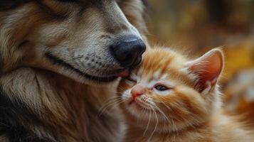 A friendly dog leans close to an orange kitten, sharing a moment of affection amidst falling leaves photo