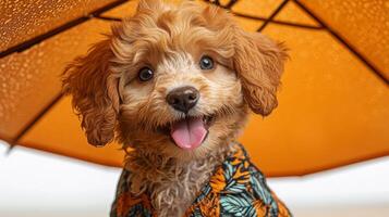 A joyful puppy in a colorful shirt enjoys time outdoors, sheltered beneath a bright umbrella photo