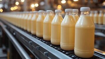 Bottles of fresh orange juice line a conveyor belt in a busy factory, highlighting productivity photo