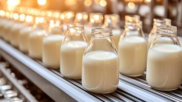 Glass jars filled with creamy milk glide effortlessly along the production line in a lively factory photo