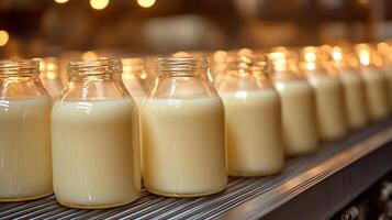 Glass jars of fresh milk glow softly under warm lights, creating a serene ambiance photo