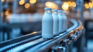 Bottles filled with fresh milk travel along an automated conveyor, showcasing efficient processing photo