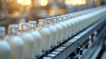 Bottles of fresh milk move steadily along the production line in a warm-lit factory setting photo