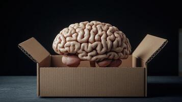 A unique representation of thought and innovation placed inside an open cardboard box in darkness photo