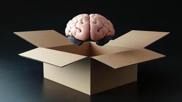 A brain floats above an open cardboard box, symbolizing innovative thought and imagination photo
