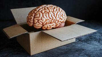 A realistic brain emerges from an open cardboard box, symbolizing creativity and introspection photo