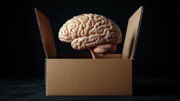 A brain in a cardboard box symbolizes creativity and ideas breaking free from confinement photo