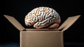 A lifelike brain emerges from a brown cardboard box, symbolizing creativity and ideas breaking free photo