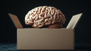 A realistic brain model sits in a cardboard box, symbolizing human thought and creativity photo