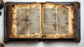 A weathered open book displays intricate text and faded pages, whispering tales of the past photo