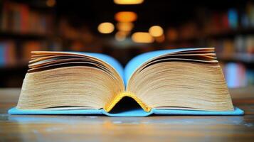A lovely open book rests on a rustic table, ideal for curious readers and quiet times photo