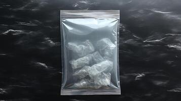 Crystalline substances are neatly packaged in a transparent bag resting on a sleek black background photo