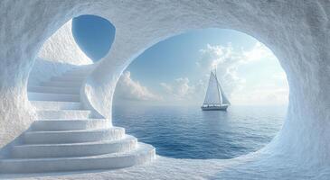 Stunning ocean view from a cave entrance. Beautiful view from a cave with steps leading to the ocean and a sailboat on a clear day photo