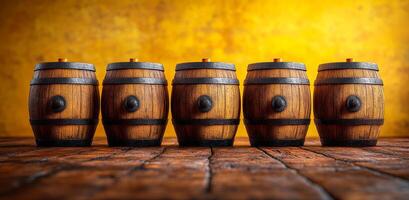 Neatly arranged wooden barrels. Five wooden barrels lined up against a textured yellow background in a rustic setting photo