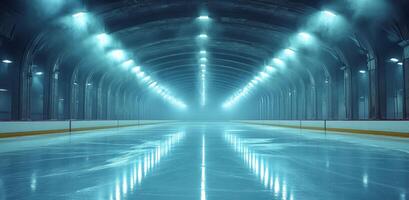 Gleaming ice under bright lights. Empty ice rink illuminated by blue lights in a spacious arena during evening hours photo