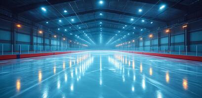A serene ice rink awaits skaters. Ice rink illuminated by vibrant lights in a spacious arena empty of skaters photo