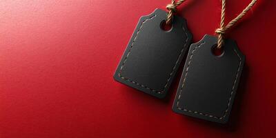 Customizable blank tags. Decorative black tags hanging on a red background for various uses and crafting inspiration photo