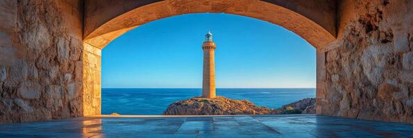 Lighthouse stands tall over open sea. Coastal lighthouse viewed through archway at sunset photo