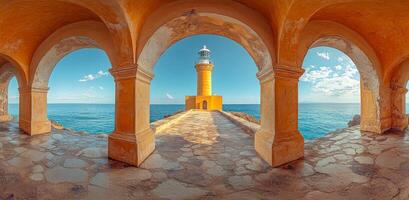Lighthouse by calm ocean. Lighthouse viewed through arches at seaside location during daylight photo