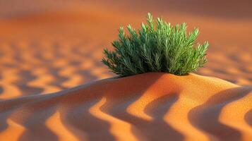 Shrub grows amid rolling desert sands. Green shrub thriving in the vast orange desert dunes under the warm sun during a clear day photo