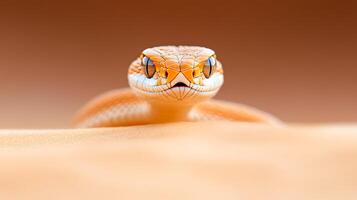 Snake shows vibrant scales. Brightly colored snake emerging from sandy background in desert habitat photo