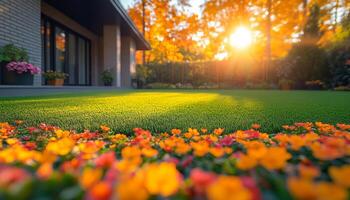 Bright flowers stand out on grass. Vibrant autumn garden at sunset with blooming flowers and soft sunlight photo
