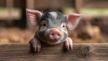 Piglet curiously looks over the fence. Cute piglet peeks over wooden fence in barn, enjoying a sunny day on the farm photo