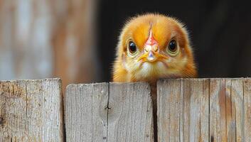 A chick explores its world. Bright orange chick peeking over wooden fence in rural setting during daylight hours photo