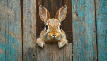 Rabbit peeks from wooden structure. Curious rabbit peeking through wooden wall at a farm during daytime photo