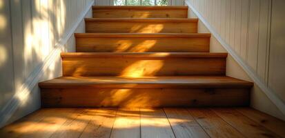 Sunlight casts shadows on wood. Sunlight casts warm shadows on wooden stairs leading up to a bright room in a serene setting photo