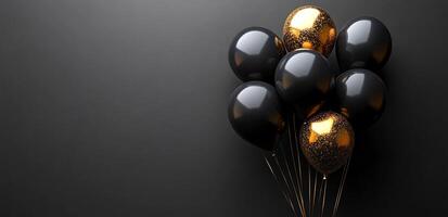 A bunch of black balloons with gold accents. The balloons are arranged in a way that they look like they are floating in the air. The image has a dark and mysterious mood, with the black balloons photo
