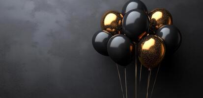 A bunch of black and gold balloons are floating in the air. The balloons are arranged in a way that they look like they are floating in the sky. Scene is celebratory and festive photo