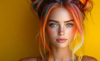 A woman with colorful hair and blue eyes stands in front of a yellow background. She has a bright and cheerful expression on her face photo