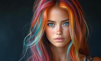 A woman with colorful hair and blue eyes. She has a tattoo on her arm. The image has a vibrant and lively mood photo