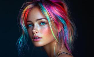 A woman with rainbow colored hair and a blue eye. She is smiling and looking at the camera photo