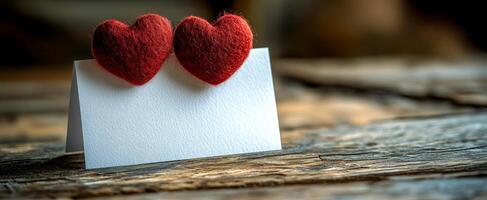 A white card with two red hearts on it. The card is on a wooden table. The card is empty and ready to be filled with a message photo
