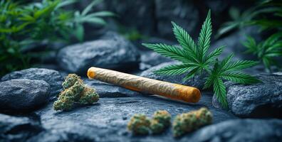 A rolled up joint of marijuana sits on a rock next to some marijuana buds. Scene is somewhat dark and mysterious, as the marijuana is often associated with drug use photo