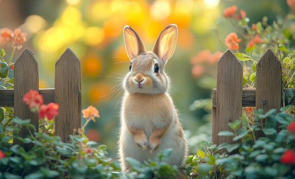 A rabbit is standing in front of a wooden fence with flowers in the background. The rabbit is curious and is looking at the camera. The scene has a peaceful and calm mood photo