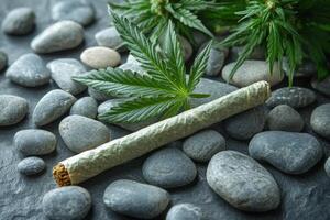 A joint is on a rock with a leaf of marijuana next to it. Scene is relaxed and casual photo